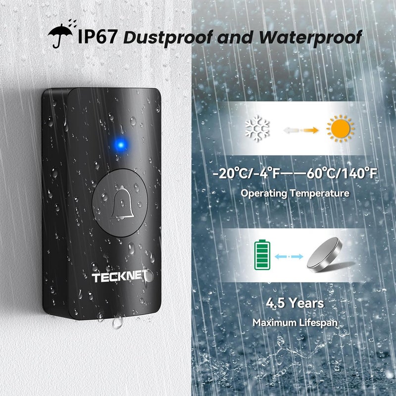 TECKNET Wireless Doorbell 1312FT, IP67 Waterproof Classroom Doorbell Battery-Powered Door Bell, 60 Chimes 5-Level Volume, 4.5-year Battery Life, Electric Doorbells No Plug-in Required for Home - Image 4